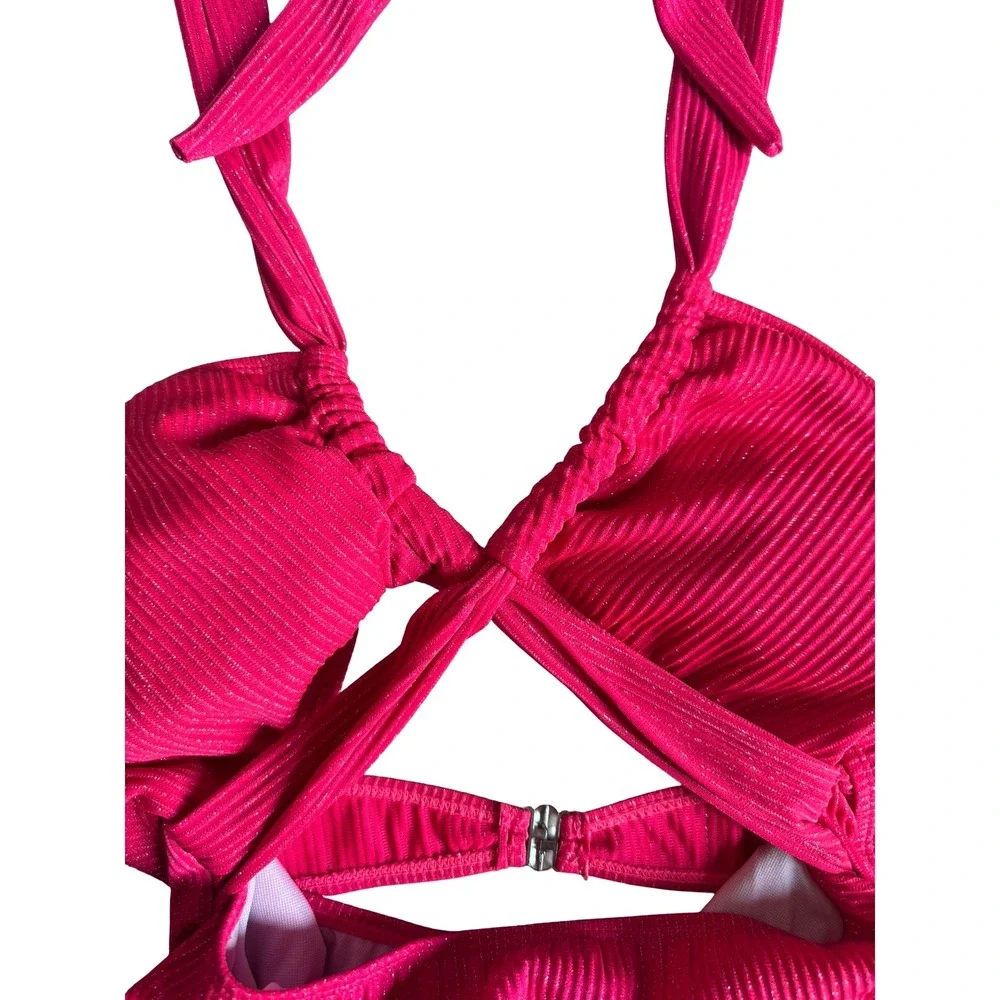 Ribbed One Piece Swimsuit Cut Out Tie Halter‎ Hot Pink Swimwear